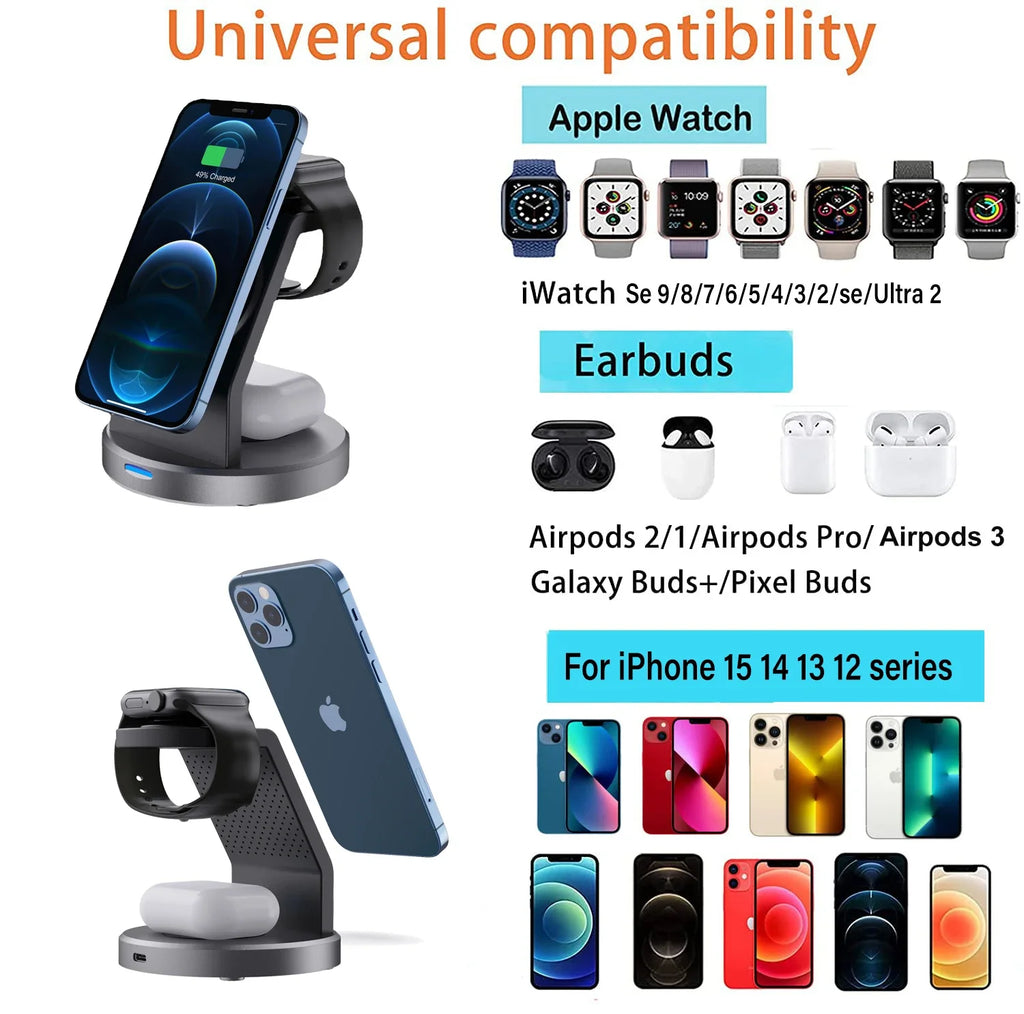 3 in 1 Magnetic Wireless Charger Stand for Iphone 15 14 13 12 Pro Max Iwatch Airpods Station Dock Magsafe Fast Charging Station